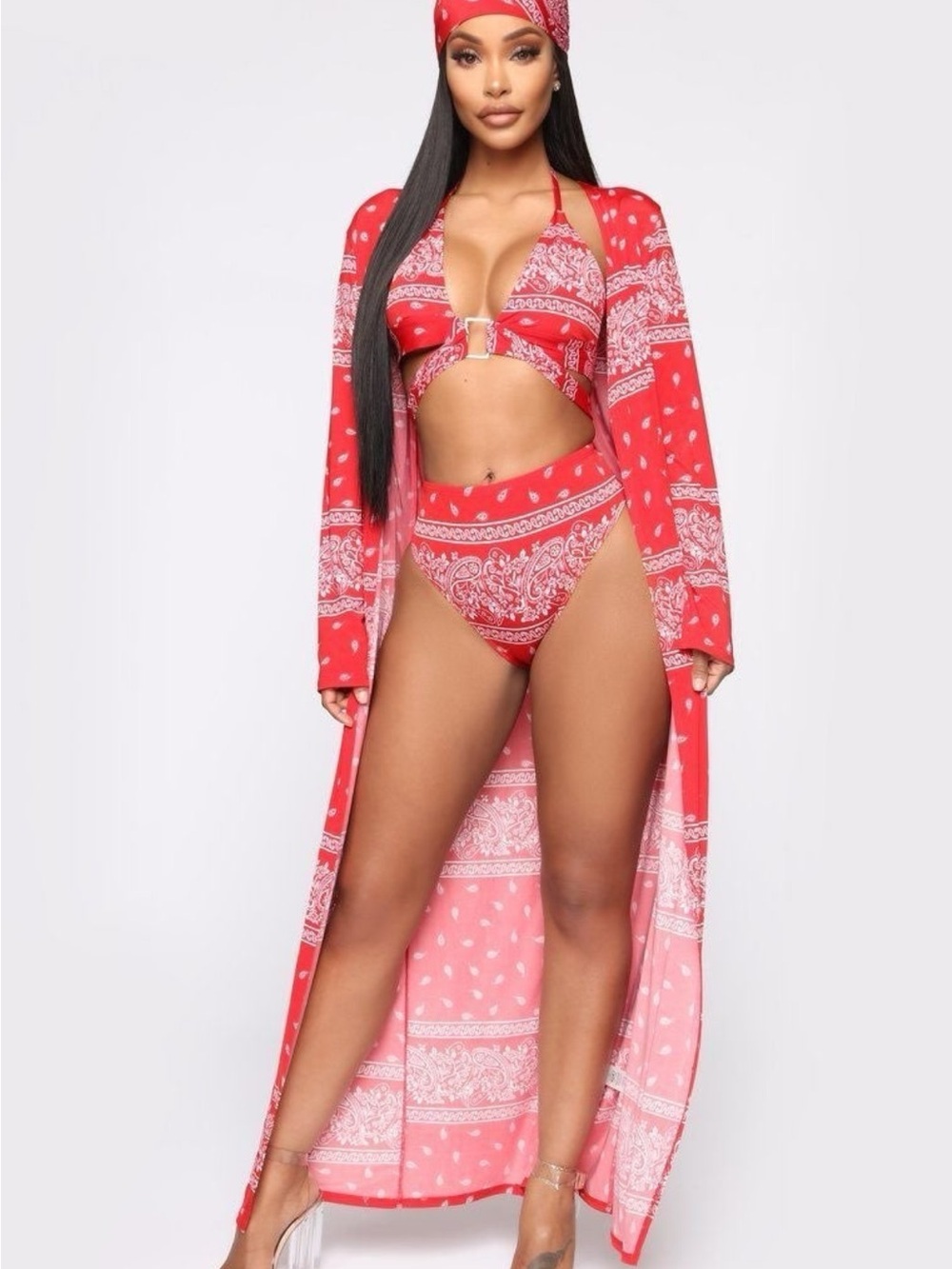 Red Bandana Print High-Waist Bikini Set with Cover-Up
